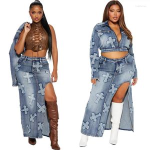 İş elbiseleri kadınlar vintage nakış ince denim 2 parça set düğmesi fermuar kısa ceket moda bölünmüş uzun etekler gündelik sokak kıyafeti kıyafetleri