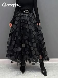 Qooth Women Polka Dot 3D Design Tulle Mesh Skirt Vintage Elastic Waist long a Line tutu qt2176 231228