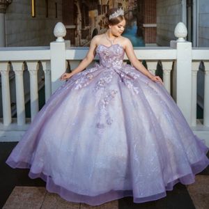 Lavendel Schulterfreies Ballkleid Quinceanera Kleider Tüll Applikation Spitze Perlen Applikationen Süßes 16 Kleid Vestido De 15 Jahre Partykleid