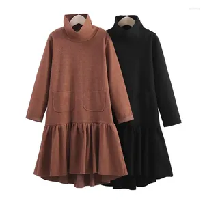 Girl Dresses High Neck Autumn Winter Teenage Dress Fashion Children Ruffles Kids Clothing Mother And Daughter Black Kahki