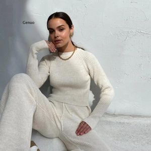 Women Set Sweater Top Long Sleeve And Biker Pants Autumn Winter White Casual Two Piece Warm Outfits Knitted 231228