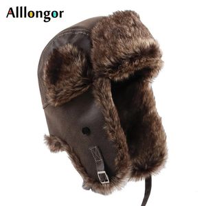 Chapéu de inverno masculino russo com protetores de orelha Ushanka quente couro PU Earflap bombardeiro chapéus de pele falsa boné de neve bonés 231228