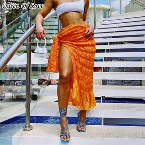 Dresses High Waist Lace Up Pleated Mid Skirt 2022 New Summer Fashion Women Beach Holiday Party Style Side Split Orange Skirts Outfits