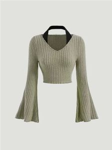 Women Contrast Collar Bell Sleeve Crop Tee Halter Western Ribbed Knit Slim Long Shirts Tops Elastic Basic Stretch 231228