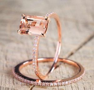Feminino conjunto de anel quadrado luxo rosa ouro cheio cristal zircão anel casamento banda promessa anéis de noivado para mulheres jóias presentes9643650