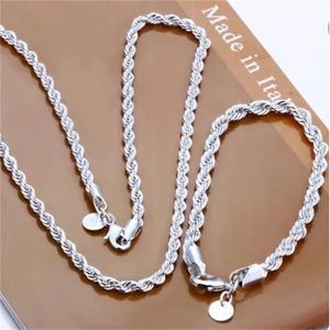 Silverfärg 4mm Kvinnliga män Kedja Male Twisted Rope Halsband Armband Fashion Silver Smyckesuppsättning