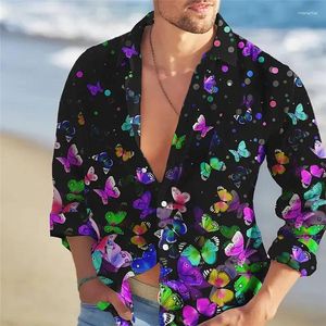 Camisas casuais masculinas camisa lapela mangas compridas primavera e verão criativo borboleta flor pássaro padrão de impressão 3D confortável