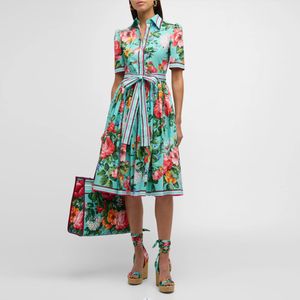 Womens Dress European Fashion brand blue Cotton spring/summer rose garden printed custom button gathered waist large hem short sleeved midi dress