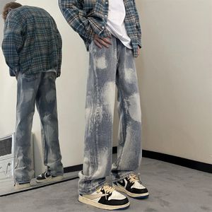 Våren koreanska retro jeans män ljus blå tiedye lutning allmatch lös casual tvätt rak hiphop wideleg byxor 2312129