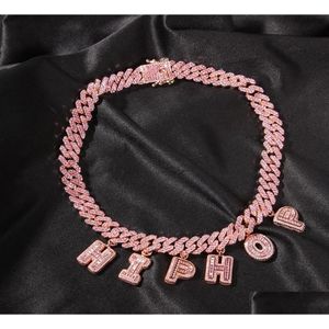 Zincirler Özel Mektuplar Adı Chokers Kolyeler Bling Buzlu Çıkış 12mm Pembe Küba Bağlantı Zinciri Erkekler Unisex Hip Hop Rapçi Takı D Dhuuv