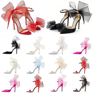 Averly Black White Blue Red Pink Gold Sandals High Heel Women Mesh Asymmetric Bowtie Point Toe Bridal Bow Buckle Wedding Party Dress Shoes