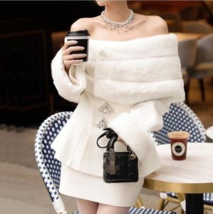 Fur set for women, Xiaoxiang Heavy Industry, CCC, one shoulder eco-friendly fur collar, rhinestone jacket, short skirt, two-piece set