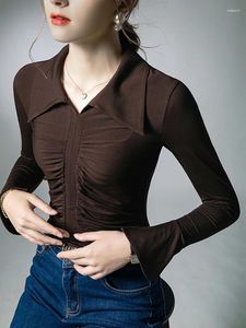 Kadın bluzları oiinaa gömlekler için kadınlar üstleri esneme şık yarık kesim kapalı yakalı piled rahat rahat temel moda bayanlar rahat skinny