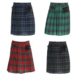 Men's Shorts Mens Kilt Traditional Plaid Belt Pleated Bilateral Chain Brown Gothic Punk Scottish Tartan Trousers Skirts 230313