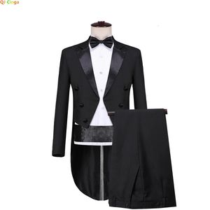 Mens Tuxedo Tailcoat Formal Dress Suits Swallow Tail Coat Navy Blue Male Jacket and Pants Party Wedding Dance Magic Performance 231229