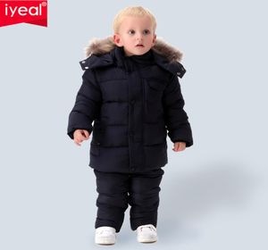 iyeal rossia冬の温かい服セット男の子のための自然な毛皮の下綿雪を着るウインドプルーフスキースーツキッズベビー服y2009012281312