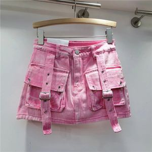 Minigonne cargo con cinturino tascabile rosa 3D per donna Retro American Spicy Girl 2024 Primavera Estate Slim A line Streetwear 231228