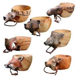 Mão esculpida caneca de madeira animal copo de madeira acampamento copo beber para caminhadas montanhismo piquenique natal aniversário ano 231228