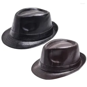 Berretti Cappello vintage alla moda da gentiluomo Classico berretto jazz in pelle Fedora PU con tesa larga per uomo donna cena