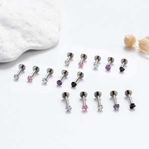 Shiny 1.2x6/8/10x3mm Colorful Lip Nail Earring Stud Heart Cubic Zircon Stainless Steel Internal Thread Surgical Stainless Steel Cartilage Stud Piercing Body Jewelry