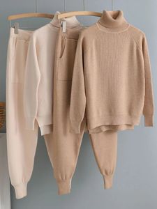 2023 Autumn Winter Thick Warm Turtleneck Sweater 2 Pieces Set Pullover Top Tracksuit and Pant Suits Black Apricot Khaki 231228