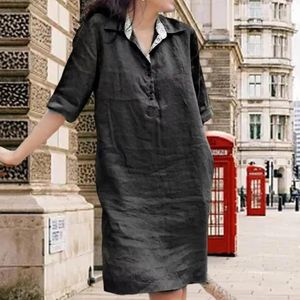 Casual Dresses Women Dress Lapel V-ringad Lady Vintage Buttons halsringning Halva ärm Summer Solid Color