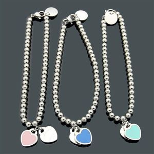 Silver Color Top Quality Women Designer Bangles Double Heart Pendant Drop Green Oil Stainless Steel Luxury Style Ball Bead Single 3026