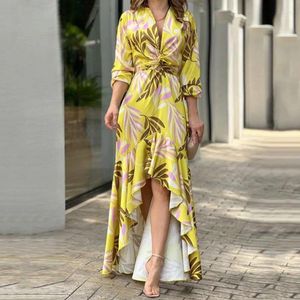 Casual Dresses Sexig Deep V Neck Long Sleeve Print Maxi Dress Women 2024 Spring Ruffled Elegant Office Ladies for Robe Femme