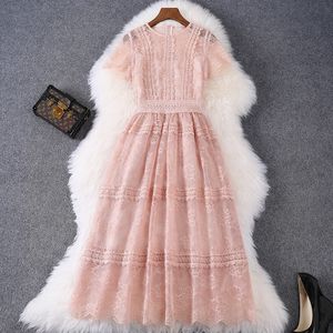 2024 Summer Short Sleeve Round Neck Lace Mid-Calf Dress Elegant Casual Dresses