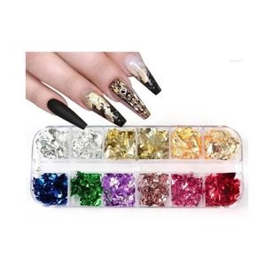 Adesivos para unhas 12 grades, folha de alumínio, glitter, lantejoulas, flocos de ouro, prata, papel irregular, esmalte em gel uv para decorações de arte de unhas bj