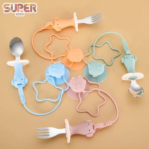 Gadget per bambini Set da tavola in silicone Utensile per bambini In acciaio inossidabile Stoviglie per bambini Posate Cartoon Alimentazione infantile Cucchiaio Forchetta 231229