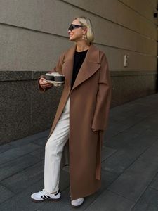 Bornladies зимнее плотное шерстяное пальто для женщин с поясом, свободная длинная куртка, офисное женское осеннее теплое шерстяное пальто, смешанные 231228