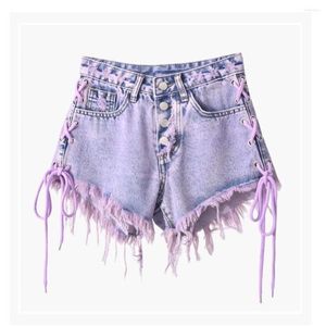 Damskie spodenki 2023 Letni fioletowe frędzle koronkowe jeansowo-wysoka talia pikantna dziewczyna cienkie i line szerokie nogi spodnie