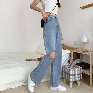 Jeans N0496 Ny stil Löst hög midja bantning rippade jeans raka ben moppande breda ben byxor jeans