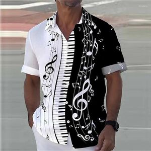 Мужские повседневные рубашки 2023 Рубашка с гавайским графическим принтом Музыкальные ноты Клавиши панорамирования Объем Черный с коротким рукавом Модный дизайн