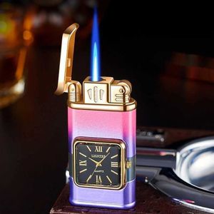 Creative Quartz Watch Windproof Lighter Metal Blue Light Butane Jet Flame Torch Lighter Rocker Ignition Men's Gift