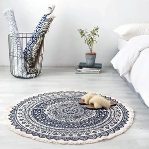 120cm de diâmetro fio algodão tecido tapete mandala boho tapete sala estar quarto borla pé esteira almofada yoga