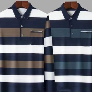 Spring and Autumn Fashion Lapel Stripe Button Pocket Trend Contrast Color Long Sleeve Business Casual Versatile POLO Shirt 231228