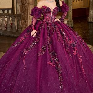 セクシーな肩からセクシーなQuinceanera Dresses Ball Gown Floral Aptliquesレース手作り花ビーズスウィート16パーティー服Vestidos de 15