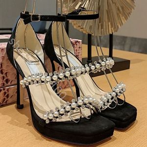 Sacora Kadın Sandalet Sacaria Lüks Tasarımcı İnci Zarif Gelin Gelinlik Ayakkabıları Platform Topuklar İnciler Deri Kadın Sandal Kutu Boyutu 35-42 Kristaller Kayış