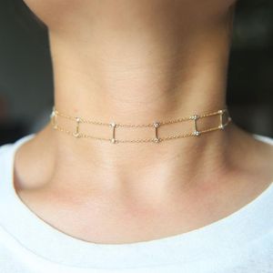 100 925 sterling silver short chain chocker double chain link bar 18k gold plated elegant choker necklace219S