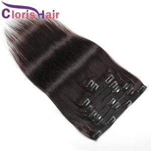 Extensions #2 Darkest Brown Clip on Extensions 100% Human Hair Brasilian Virgin Silky Straight Full Head 8pcs 120g/Set Extentions Rostless C