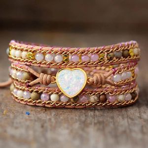 Bracciale rigido fantasia a 3 fili a forma di cuore braccialetto avvolgente in pelle braccialetto spirituale in pietra naturale con tessitura di cristalli gioielli per ragazze