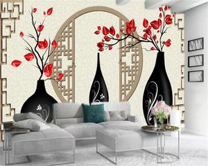 Bakgrundsbilder Living 3D Wallpaper Black Vase Red Leaf Interior DecorationHD Digital Printing Moisture Proof Wall Paper