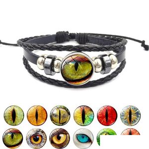 Braccialetti con ciondoli Animale Drago Occhio Bracciale cabochon in vetro Gemma del tempo Bracciale rigido intrecciato regolabile in pelle vintage Pu per donna Uomo Fa Dhzrl