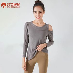 Gömlekler Stown Sportswear Kadınlar Yürütülmüş Yoga Uzun Kollu Gömlek Fiess Asimetrik Offshoulder Dans Egzersiz Aktif Giyim Koşu