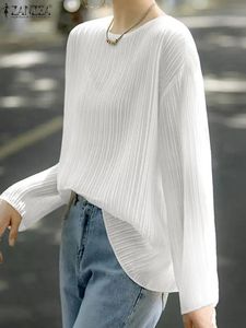 T-Shirt Korean Fashion Long Sleeve Autumn Blouse ZANZEA Women Elegant Solid Shirt Casual Loose Holiday Tops Ribbed Robe Work Blusas 2023