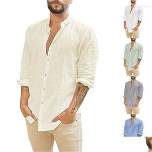 Camisas casuais masculinas mens camisas 2023 camisa de linho homens mangas compridas blusa solta tops primavera verão bonito lazer branco azul gota dh5f0