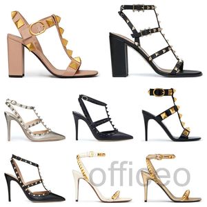 Con scatola Designer Tacchi alti Scarpe eleganti Cinturino alla caviglia Borchie romane Striscia nera nuda con rivetti Tacco a spillo largo da donna 60 80 100 MM Punta aperta a punta