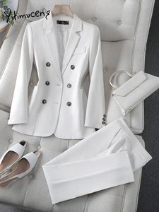 Yitimuceng White Suits for Women Fashion Office Ladies Long Sleeve Double Breched Topsシックなスリムハイウエストパンツセット231229